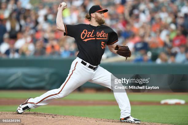 Andrew Cashner of the Baltimore Orioles pitches in the second inning during a baseball game against the New York Yankees at Oriole Park at Camden...