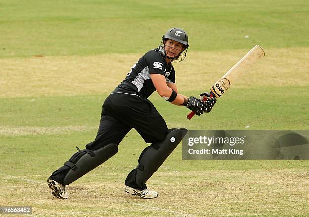 Maria Fahey of New Zealand plays an on side shot during the Second Women's One Day International match between the Australian Southern Stars and the...