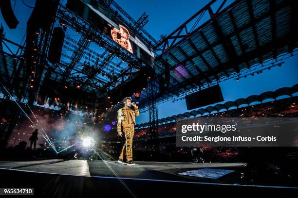 Fedez performs on stage at Stadio San Siro on June 1, 2018 in Milan, Italy.