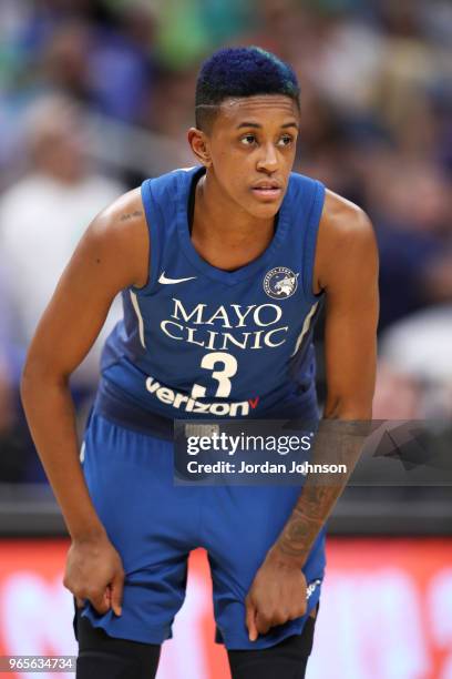 Danielle Robinson of the Minnesota Lynx looks on during the game on June 1, 2018 at Target Center in Minneapolis, Minnesota. NOTE TO USER: User...