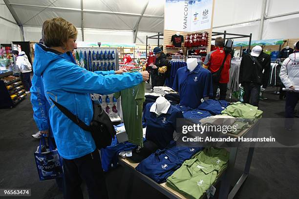 Athletes seen at the merchandising store at Whistler Olympic village during the media tour ahead of the Vancouver 2010 Winter Olympics on February...