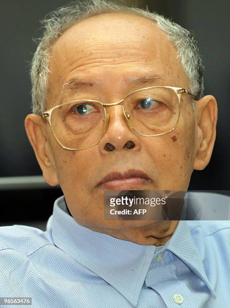Former Khmer Rouge deputy prime minister and minister of foreign affairs Ieng Sary sits in the courtroom during a public hearing at the Extraodinary...