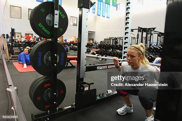 Skeleton athlete Melissa Hoar of Australia exercises at the gym at the Whistler Olympic village during the media tour ahead of the Vancouver 2010...