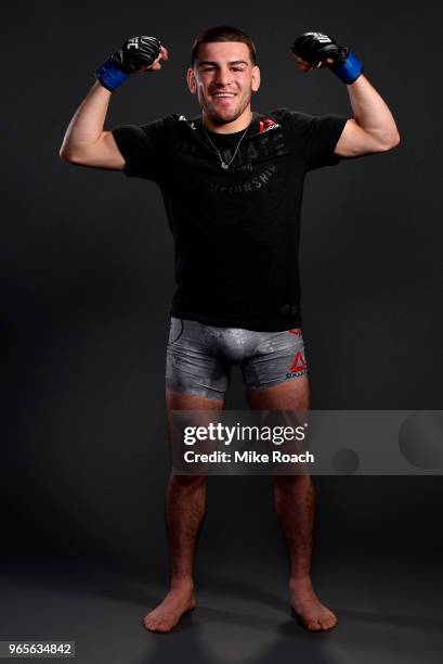 Jose Torres poses for a post fight portrait backstage during the UFC Fight Night event at the Adirondack Bank Center on June 1, 2018 in Utica, New...