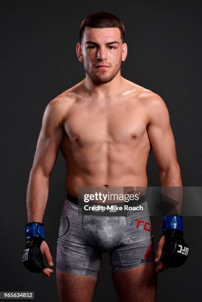 Jose Torres poses for a post fight portrait backstage during the UFC Fight Night event at the Adirondack Bank Center on June 1, 2018 in Utica, New...