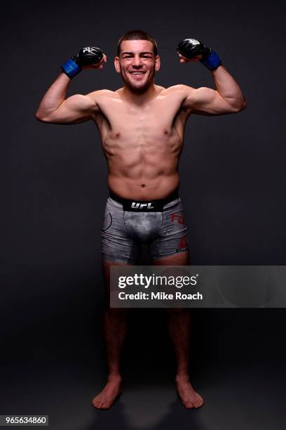 Jose Torres poses for a post fight portrait backstage during the UFC Fight Night event at the Adirondack Bank Center on June 1, 2018 in Utica, New...