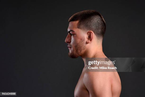 Jose Torres poses for a post fight portrait backstage during the UFC Fight Night event at the Adirondack Bank Center on June 1, 2018 in Utica, New...