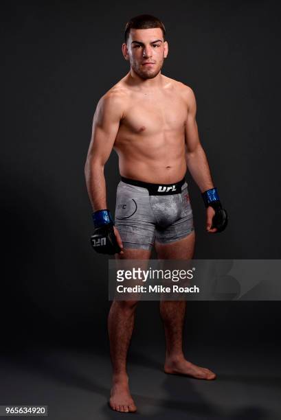 Jose Torres poses for a post fight portrait backstage during the UFC Fight Night event at the Adirondack Bank Center on June 1, 2018 in Utica, New...