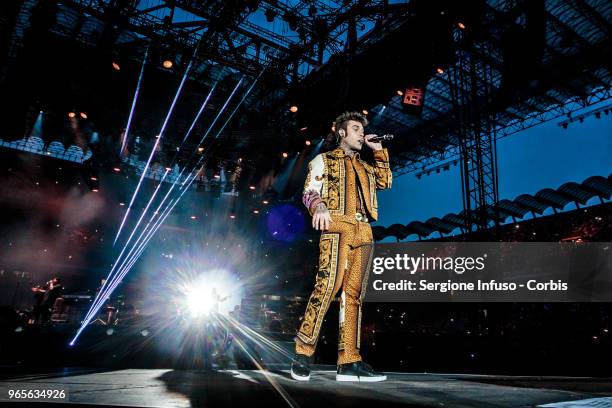 Fedez performs on stage at Stadio San Siro on June 1, 2018 in Milan, Italy.