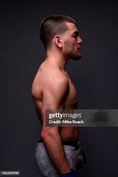 Jose Torres poses for a post fight portrait backstage during the UFC Fight Night event at the Adirondack Bank Center on June 1, 2018 in Utica, New...