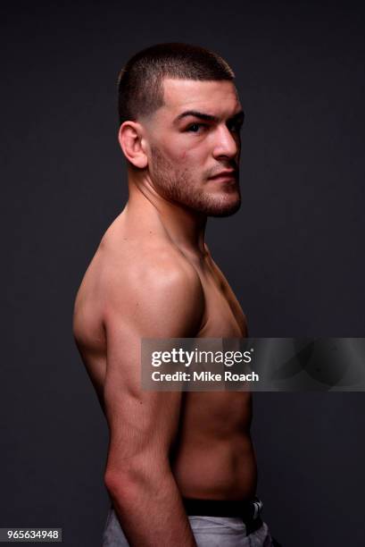 Jose Torres poses for a post fight portrait backstage during the UFC Fight Night event at the Adirondack Bank Center on June 1, 2018 in Utica, New...