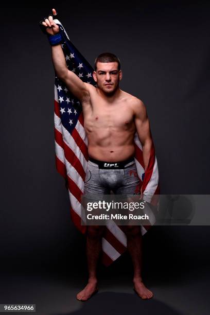 Jose Torres poses for a post fight portrait backstage during the UFC Fight Night event at the Adirondack Bank Center on June 1, 2018 in Utica, New...