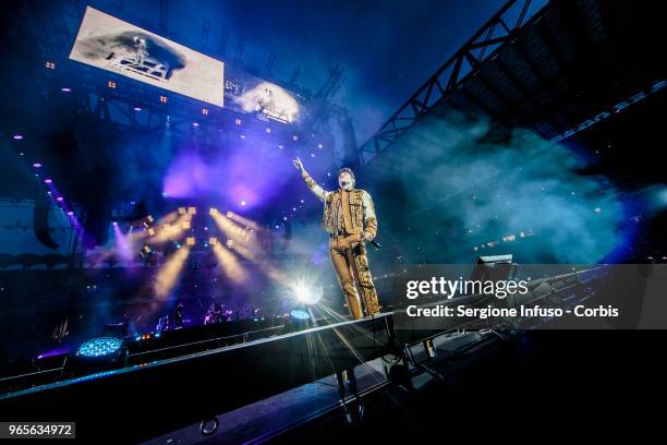 Fedez performs on stage at Stadio San Siro on June 1, 2018 in Milan, Italy.