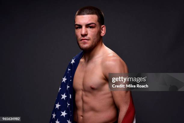 Jose Torres poses for a post fight portrait backstage during the UFC Fight Night event at the Adirondack Bank Center on June 1, 2018 in Utica, New...