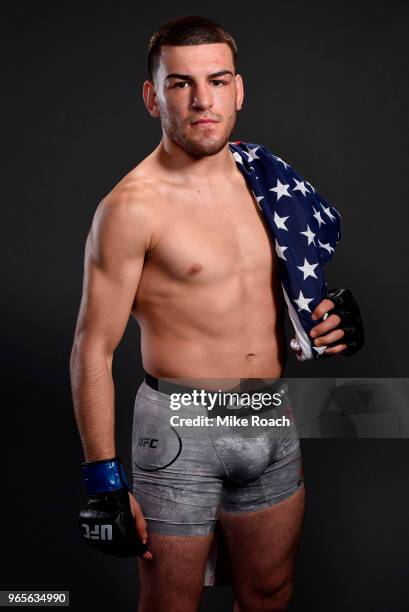 Jose Torres poses for a post fight portrait backstage during the UFC Fight Night event at the Adirondack Bank Center on June 1, 2018 in Utica, New...