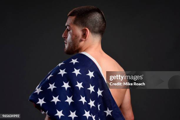 Jose Torres poses for a post fight portrait backstage during the UFC Fight Night event at the Adirondack Bank Center on June 1, 2018 in Utica, New...