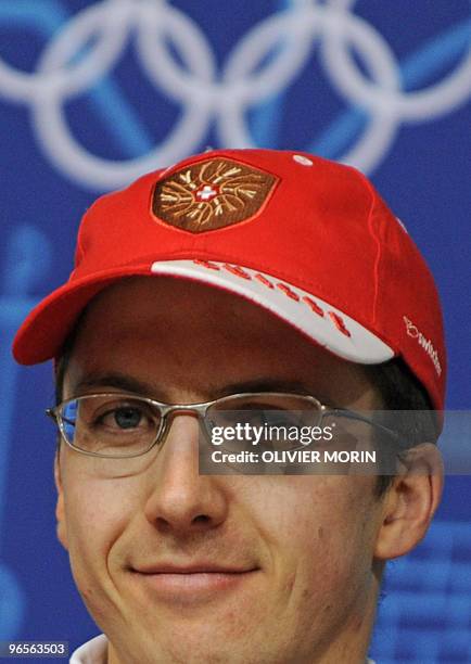 Swiss Star ski jumper Simon Ammann is seen during a press conference at Whistler Media center on February 10, 2010. Salt Lake City dual gold...