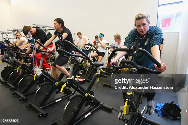 Skeleton athlete Emma Lincoln-Smith of Australia exercises at the gym at the Whistler Olympic village during the media tour ahead of the Vancouver...
