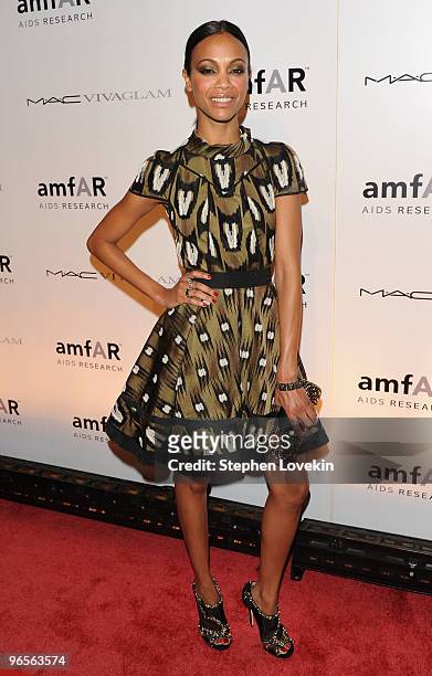 Actress Zoe Saldana attends the amfAR New York Gala co-sponsored by M.A.C Cosmetics at Cipriani 42nd Street on February 10, 2010 in New York, New...