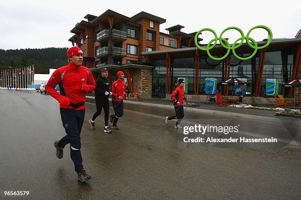 Athletes runs at the Whistler Olympic village during the media tour ahead of the Vancouver 2010 Winter Olympics on February 10, 2010 in Whistler,...