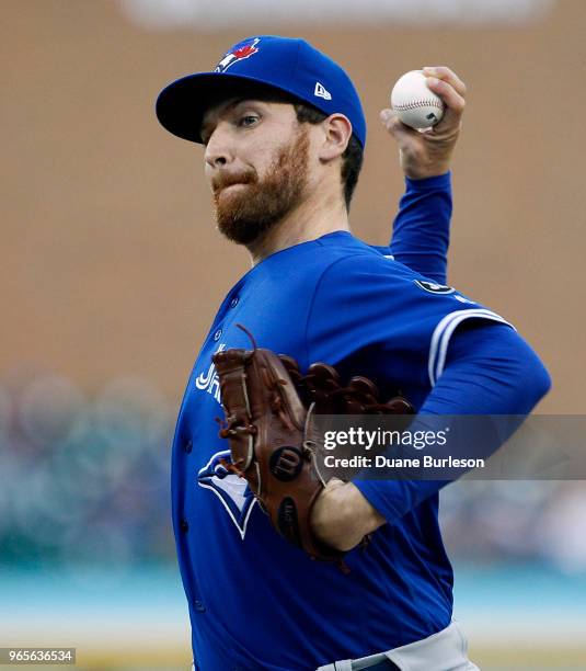 Danny Barnes of the Toronto Blue Jays pitches against the Detroit Tigers during the second inning at Comerica Park on June 1, 2018 in Detroit,...