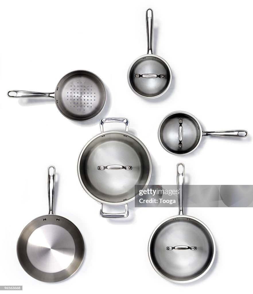 Overhead shot of various pots and pans