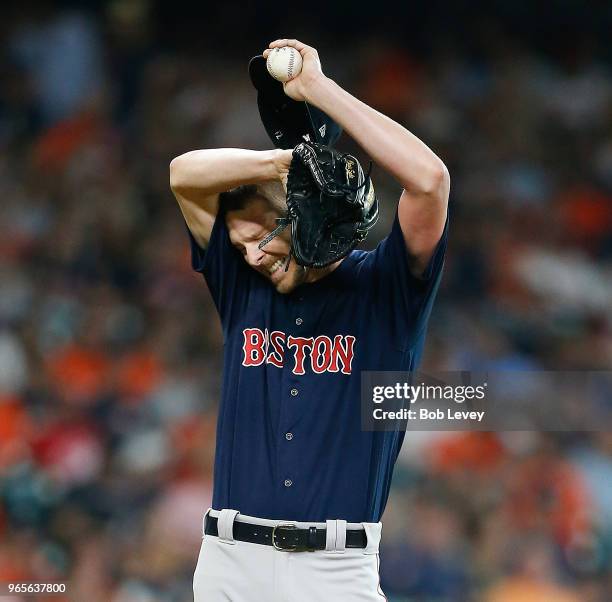 Chris Sale of the Boston Red Sox pitches in the first inning against the Houston Astros at Minute Maid Park on June 1, 2018 in Houston, Texas.