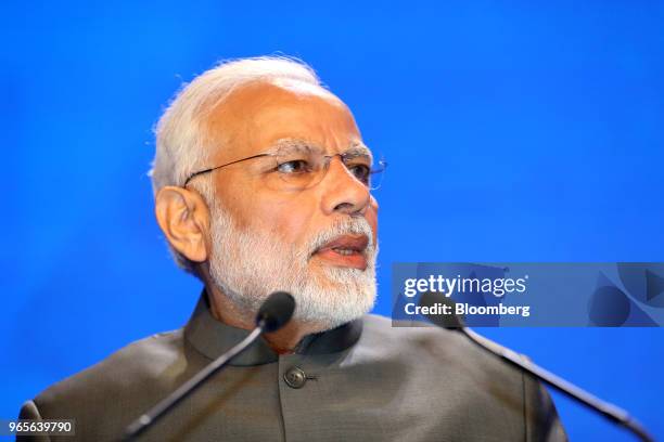 Narendra Modi, India's prime minister, delivers the keynote address during the IISS Shangri-La Dialogue Asia Security Summit in Singapore, on Friday,...