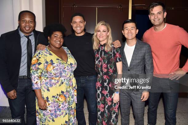 Roy Wood Jr., Dulce Sloan, Trevor Noah, Desi Lydic, Ronny Chieng, and Michael Kosta are seen at the Larkin Comedy Club during Clusterfest at Civic...