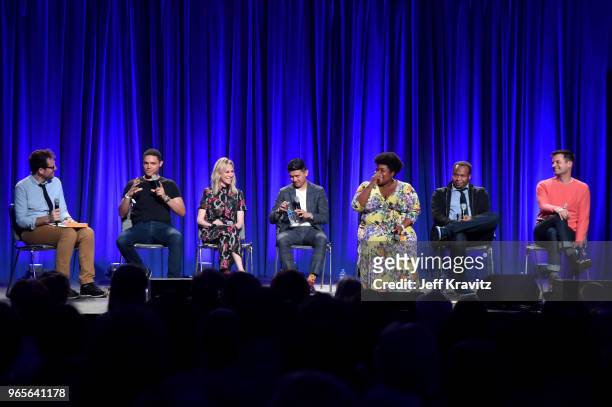 Jesse David Fox, Trevor Noah, Desi Lydic, Ronny Chieng, Dulce Sloan, Roy Wood Jr., and Michael Kosta speak onstage during 'The Daily Show Live: A...