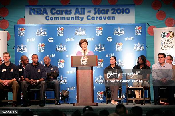 Former first lady Laura Bush speaks during the NBA Cares All-Star 2010 Community Caravan at the Farrell Elementary School on February 10, 2010 in...