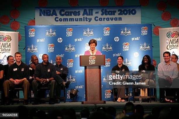 Former first lady Laura Bush speaks during the NBA Cares All-Star 2010 Community Caravan at the Farrell Elementary School on February 10, 2010 in...