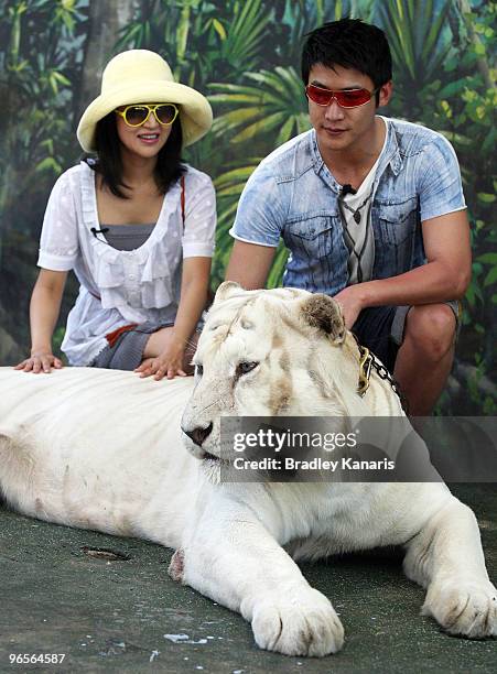 Chinese film stars Lu Yi and Bao Lei meet Bengal tiger Mohan as they welcome in the Chinese New Year of the Tiger at Dreamworld theme park on...