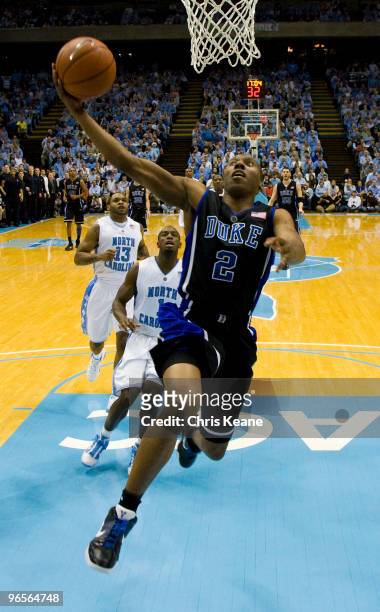 Duke guard Nolan Smith drives the ball against North Carolina during a men's college basketball game at Dean Smith Center on February 10, 2010 in...