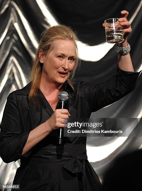 Actress Meryl Streep speaks onstage at the amfAR New York Gala co-sponsored by M.A.C Cosmetics at Cipriani 42nd Street on February 10, 2010 in New...