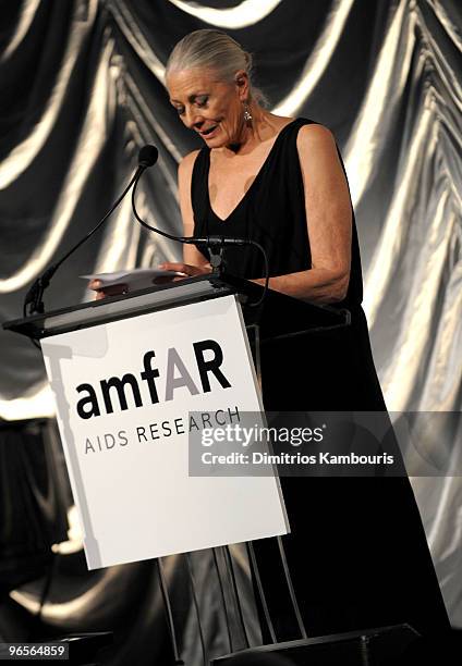 Actress Vanessa Redgrave speaks onstage at the amfAR New York Gala co-sponsored by M.A.C Cosmetics at Cipriani 42nd Street on February 10, 2010 in...