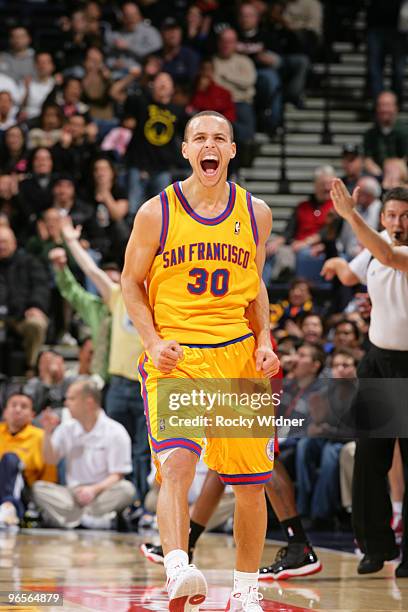 Stephen Curry of the Golden State Warriors celebrates after a made three pointer in a game against the Los Angeles Clippers on February 10, 2010 at...