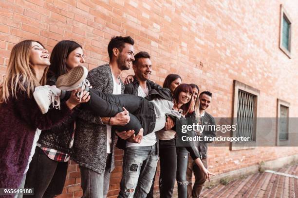 happiness friends have fun in the city - dedication brick stock pictures, royalty-free photos & images
