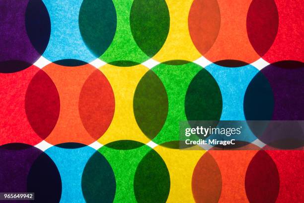 rainbow colored circle paper back-lit pattern - interlocking circle stock pictures, royalty-free photos & images