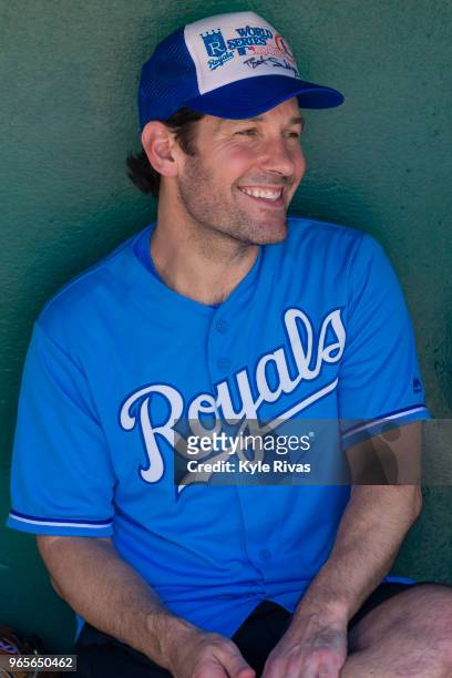 Paul Rudd gives an interview before playing softball at Kauffman Stadium during the Big Slick Celebrity Weekend benefitting Children's Mercy Hospital...