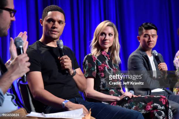 Trevor Noah, Desi Lydic, and Ronny Chieng speak onstage during 'The Daily Show Live: A Conversation with Trevor Noah and The World's Fakest News...