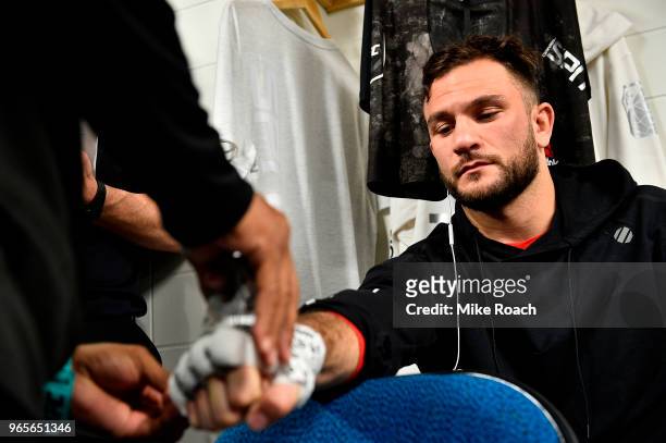 Gian Villante gets his hands wrapped backstage during the UFC Fight Night event at the Adirondack Bank Center on June 1, 2018 in Utica, New York.