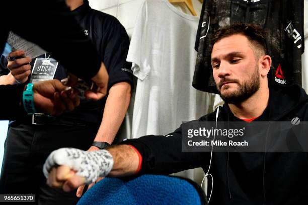 Gian Villante gets his hands wrapped backstage during the UFC Fight Night event at the Adirondack Bank Center on June 1, 2018 in Utica, New York.