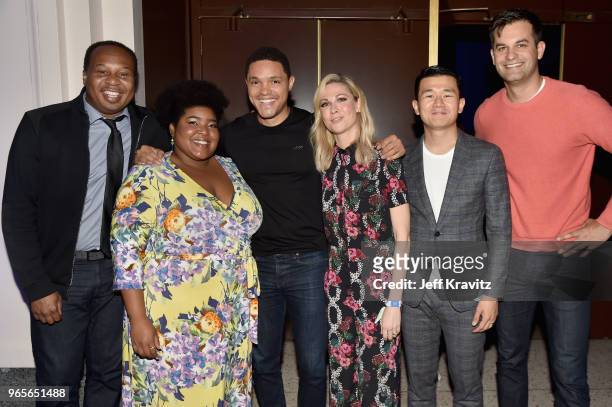Roy Wood Jr., Dulce Sloan, Trevor Noah, Desi Lydic, Ronny Chieng, and Michael Kosta are seen at the Larkin Comedy Club during Clusterfest at Civic...