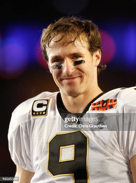 Quarterback Drew Brees of the New Orleans Saints smiles after his team defeated the Indianapolis Colts during Super Bowl XLIV on February 7, 2010 at...