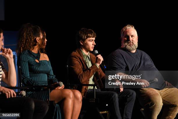 Alisha Boe, Miles Heizer and Brian Yorkey attend #NETFLIXFYSEE Event For "13 Reasons Why" Season 2 - Inside at Netflix FYSEE At Raleigh Studios on...