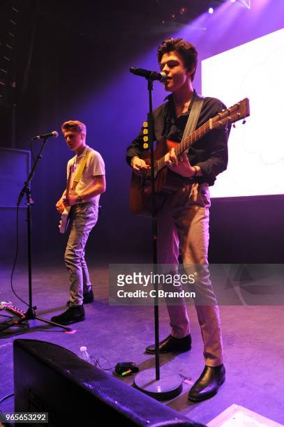 George Smith and Blake Richardson of New Hope Club perform on stage at the O2 Shepherd's Bush Empire on June 1, 2018 in London, England.
