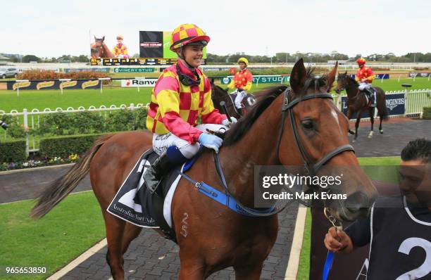 Winona Costin on Ronstar returns to scale after winning race 1 during Sydney Racing at Rosehill Gardens on June 2, 2018 in Sydney, Australia.