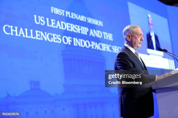 James Mattis, US Secretary of Defense, speaks during the IISS Shangri-La Dialogue Asia Security Summit in Singapore, on Saturday, June 2, 2018....