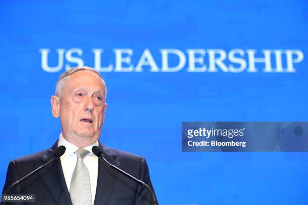 James Mattis, US Secretary of Defense, speaks during the IISS Shangri-La Dialogue Asia Security Summit in Singapore, on Saturday, June 2, 2018....